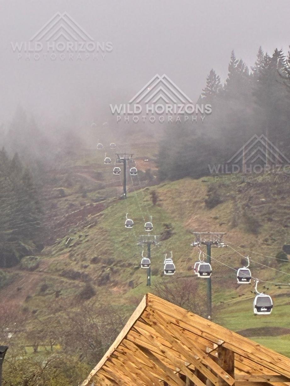 Gondola Cabins Rising Through the Mist. Rotorua, New Zealand