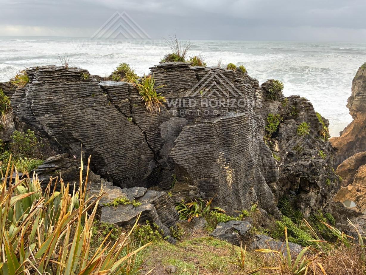 Layered Pancake Rock Formations on the Wild West Coast. Punakaiki, New Zealand.
