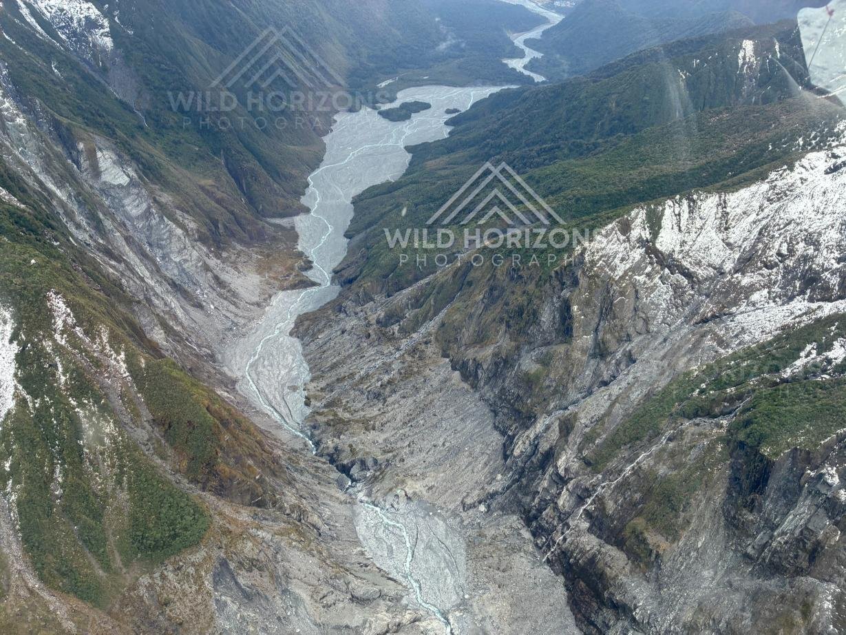 Braided Glacier Valley from Above, Franz Josef Glacier, New Zealand.