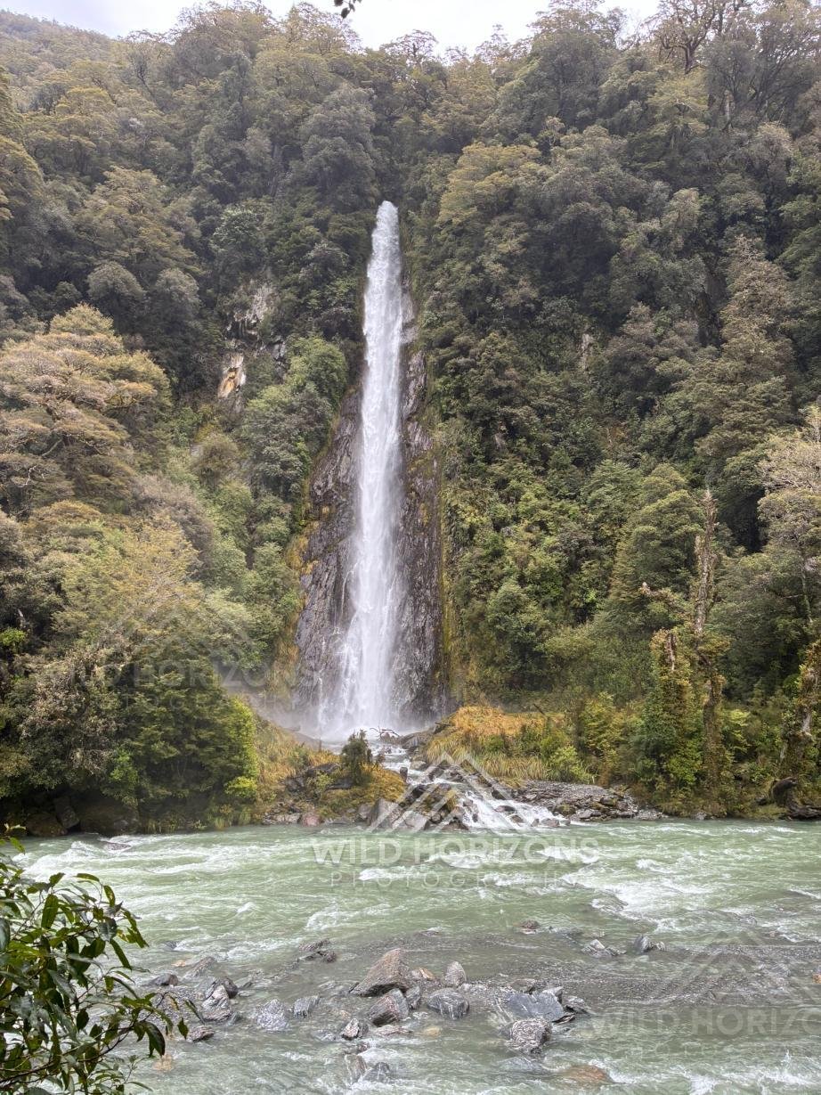 Thunder Creek Falls on the Haast River, South Westland, New Zealand.