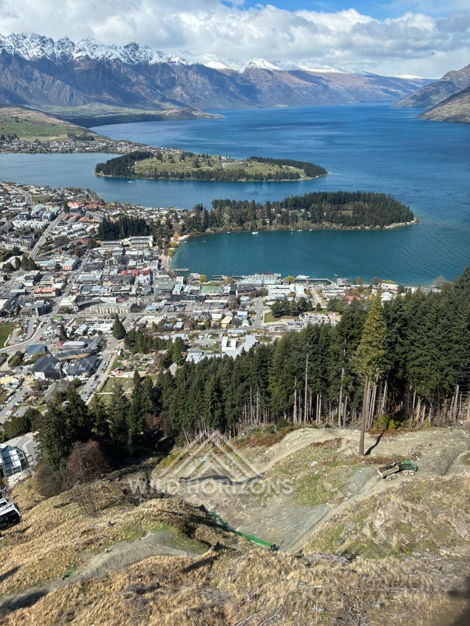 Elevated view over Queenstown and Lake Wakatipu basin. Queenstown, New Zealand