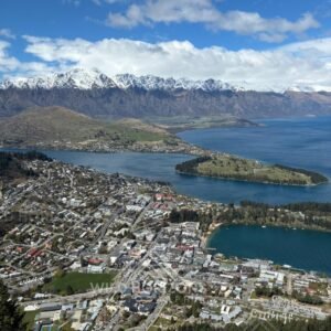 Expansive alpine panorama overlooking Queenstown and Lake Wakatipu. Queenstown, New Zealand