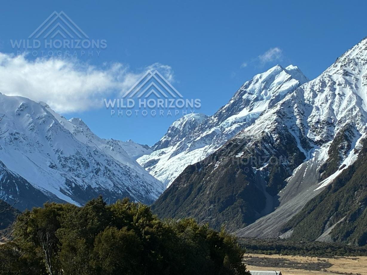 Towering snow-covered alpine peaks above forested valley floor. Aoraki / Mount Cook National Park, New Zealand