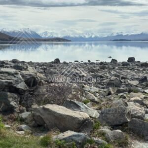 Rocky lakeshore with calm reflections beneath distant alpine ranges. Lake Tekapo, New Zealand