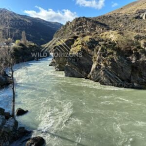 Kawarau River cutting through a rocky alpine gorge. Kawarau River, New Zealand
