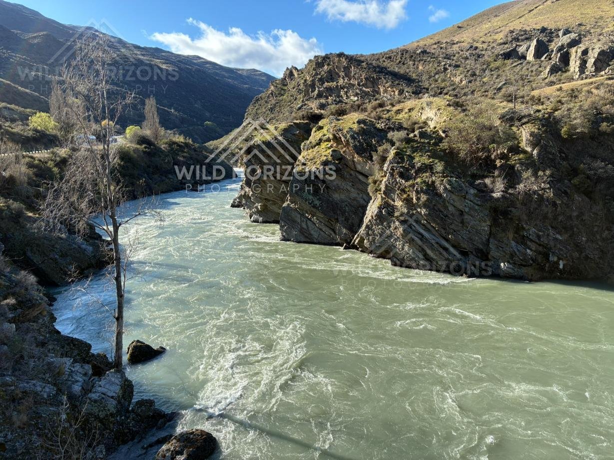 Kawarau River cutting through a rocky alpine gorge. Kawarau River, New Zealand