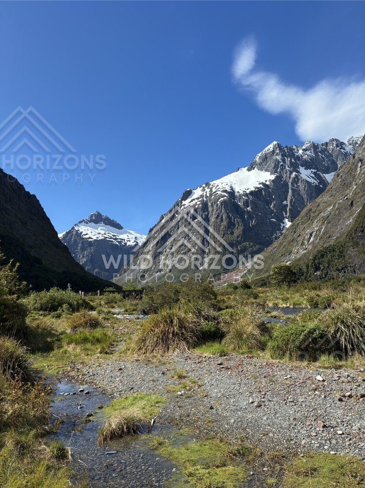 Braided Stream Flats Below Snowy Fiordland Peaks, Milford Road, New Zealand