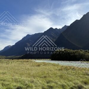 Fiordland River Flat With Dark Mountain Silhouettes, Milford Road, New Zealand