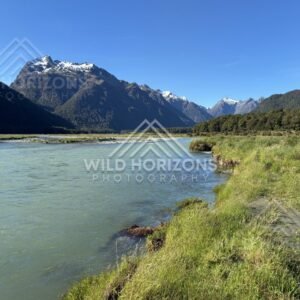 Clear River Bend With Snow-Tipped Mountains, Milford Road, New Zealand