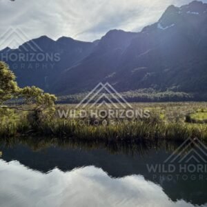 Mountain Reflections at Mirror Lakes in Soft Sunlight, Mirror Lakes, New Zealand
