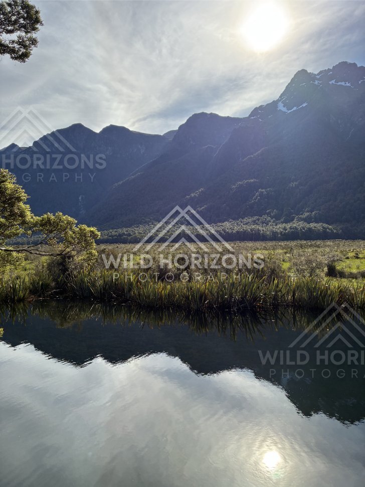 Mountain Reflections at Mirror Lakes in Soft Sunlight, Mirror Lakes, New Zealand