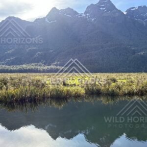 Mirror Lakes Reflection With Fiordland Mountain Ridge, Mirror Lakes, New Zealand