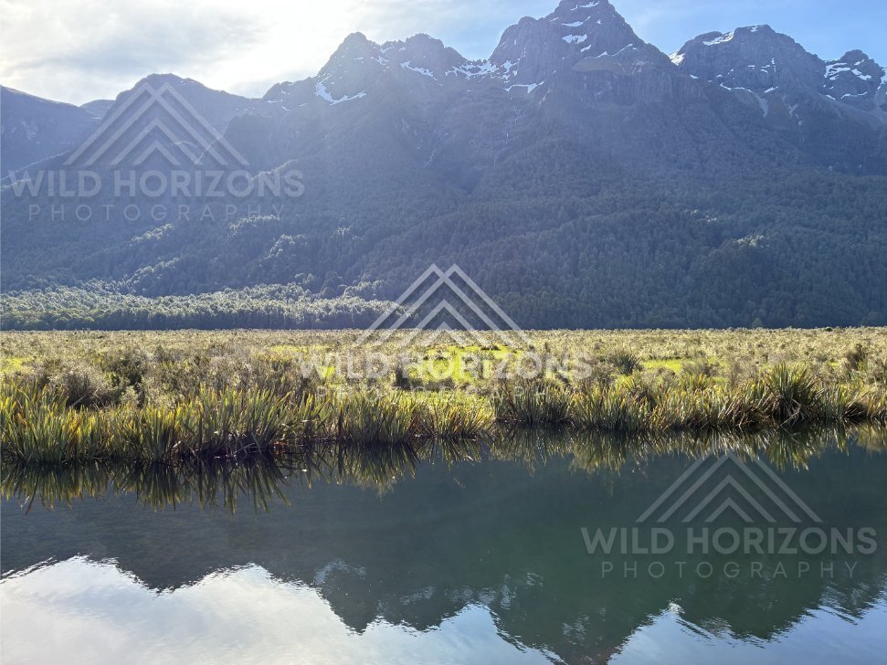 Mirror Lakes Reflection With Fiordland Mountain Ridge, Mirror Lakes, New Zealand