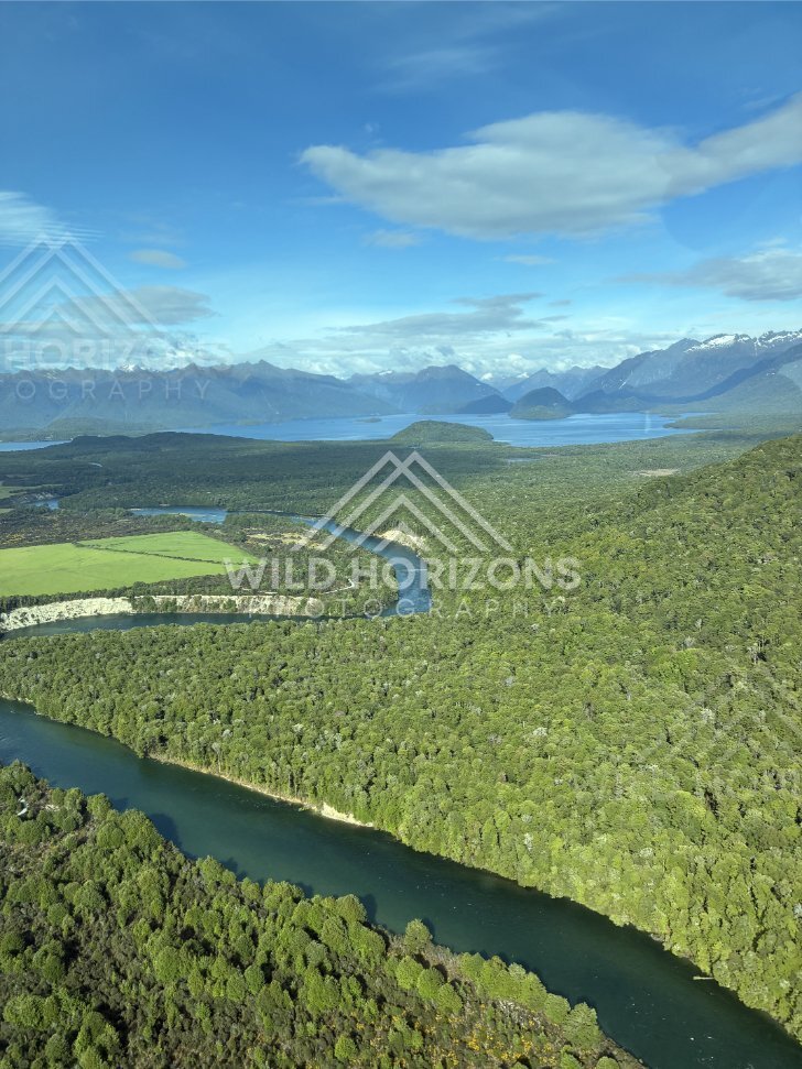 Aerial View of Winding River and Fiordland Lake, Fiordland, New Zealand