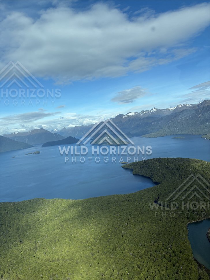 Seaplane View Over Fiordland Lake and Forested Islands, Fiordland, New Zealand