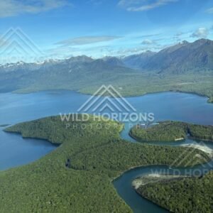 Aerial River Delta Curves Into Fiordland Lake, Fiordland, New Zealand
