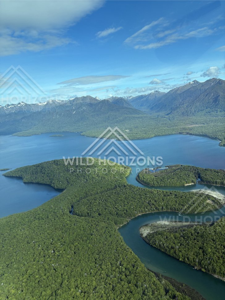 Aerial River Delta Curves Into Fiordland Lake, Fiordland, New Zealand