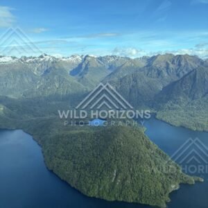 Aerial View of Forested Peninsula in Fiordland Lake, Fiordland, New Zealand