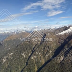 Aerial View of Forested Ridges and Snow-Dusted Peaks, Fiordland National Park, New Zealand