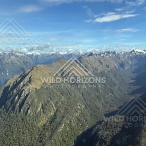 Aerial Perspective of a Deep Fiordland Valley and Alpine Peaks, Fiordland National Park, New Zealand