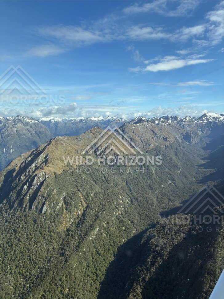 Aerial Perspective of a Deep Fiordland Valley and Alpine Peaks, Fiordland National Park, New Zealand