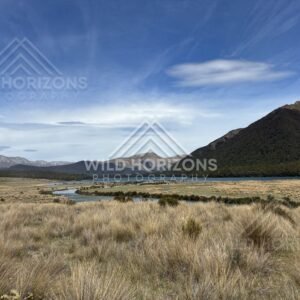 Meandering Stream and Tussock Flats Beside the Lake, Mavora Lakes, New Zealand