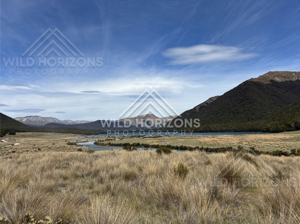 Meandering Stream and Tussock Flats Beside the Lake, Mavora Lakes, New Zealand