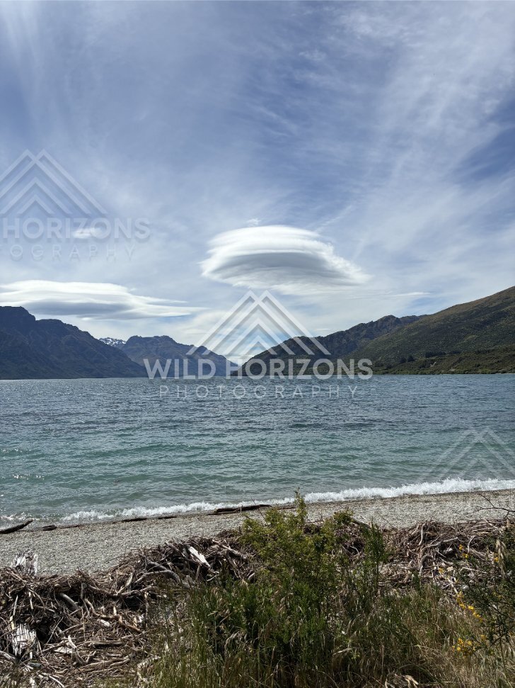 Stacked Lenticular Clouds Above Lake Wakatipu, Kingston, New Zealand