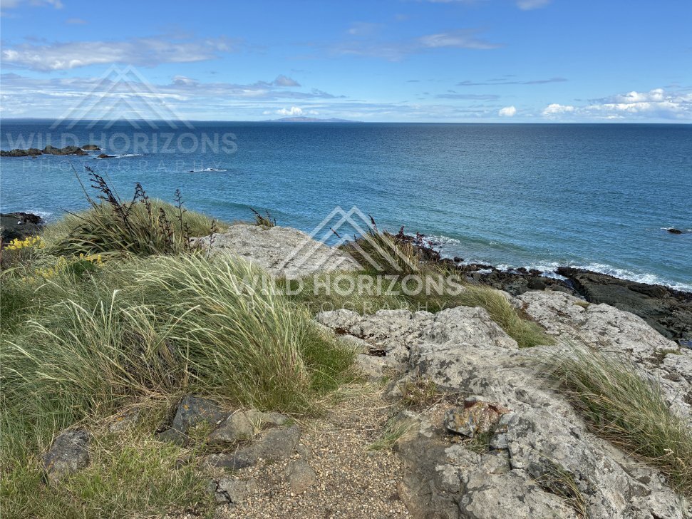 Rocky headland overlooking the open ocean under a clear blue sky. Riverton coastline, New Zealand