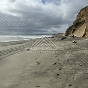 Long sweep of empty beach beneath towering clouds and restless ocean. Southland coast, New Zealand
