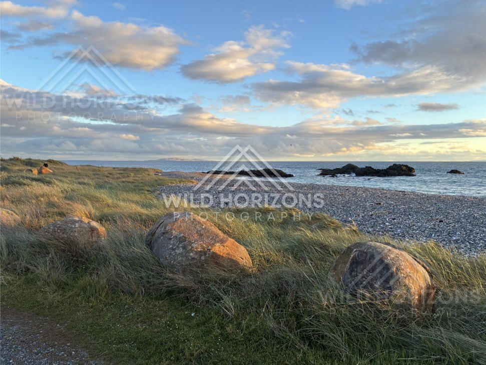 Golden Light on Coastal Boulders and Wind-Brushed Dunes Beside a Rocky Shoreline. Riverton, New Zealand
