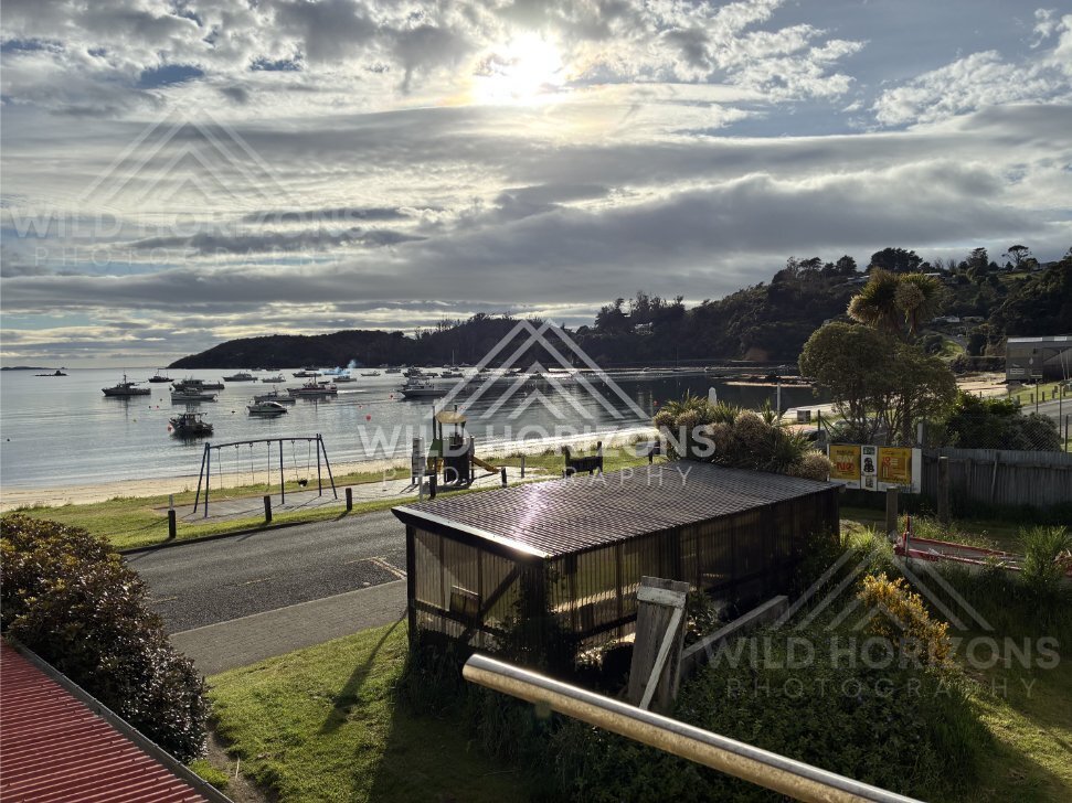 Harbourfront view with boats, lawns and evening light. Oban, Stewart Island, New Zealand