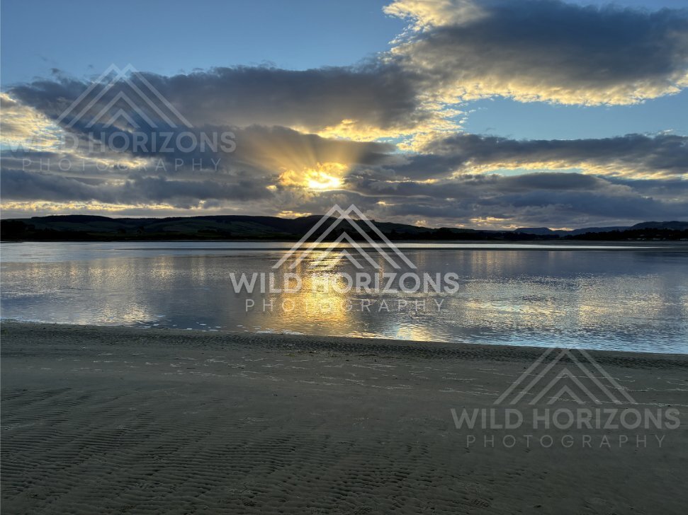 Golden Sunset Reflection on Calm Estuary, Surat Bay, New Zealand