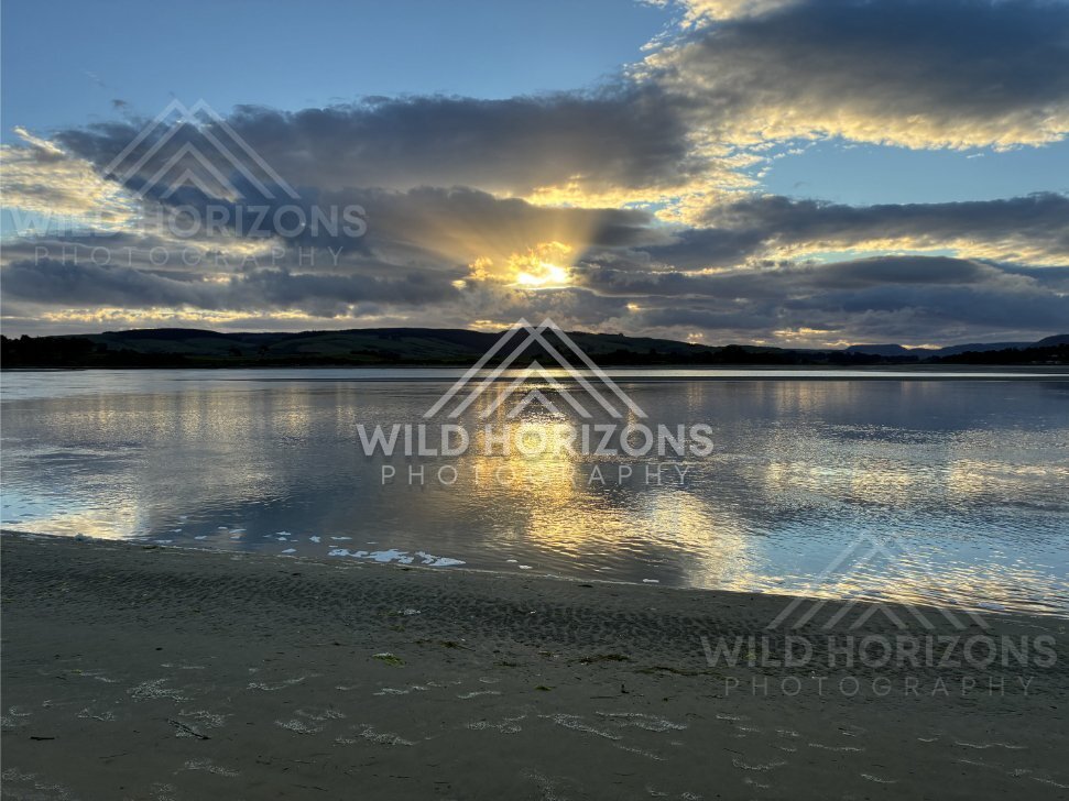 Golden sunset reflecting across still lagoon and wet sand. Surat Bay, New Zealand