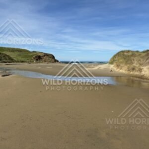 Wide sandy beach opening between grassy headlands to the ocean. Catlins Coast, New Zealand