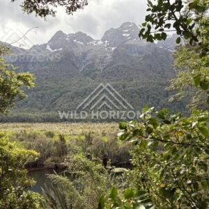 Calm Wetland Water Beneath Jagged Peaks, Milford Road, New Zealand