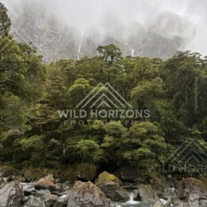 Distant Waterfall Through Fog in a Steep Valley, Milford Road, New Zealand
