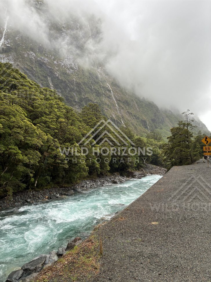 Rain-swollen river beside roadside pull-off on Milford Road, New Zealand