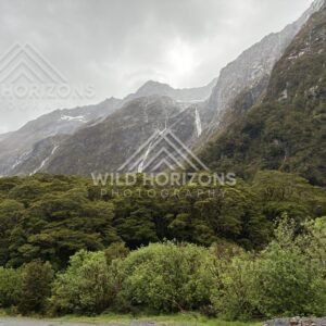 Forested Fiordland valley with distant falls on Milford Road, New Zealand