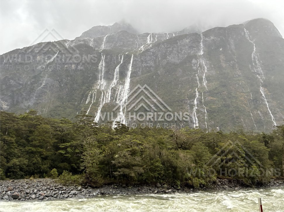Waterfall-laced cliff above a swollen river on Milford Road, New Zealand