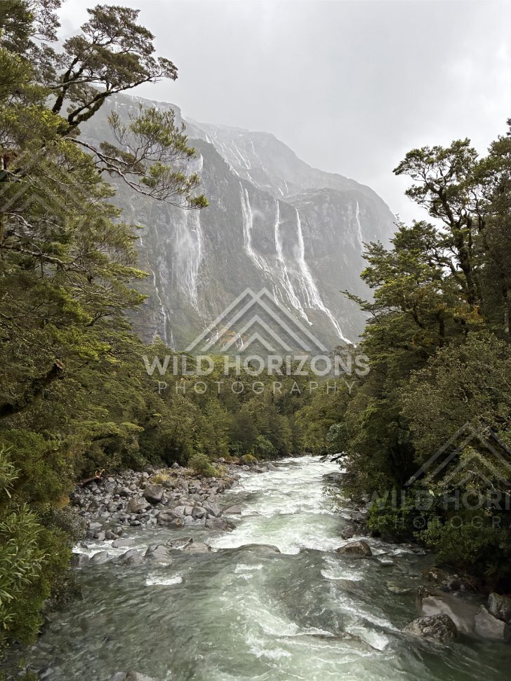 River corridor leading to towering waterfalls, Milford Road, New Zealand