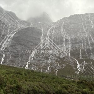 Waterfall-laced cliffs under low cloud, Milford Road, New Zealand