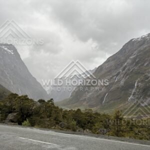 Mountain pass view from the Milford Road in wet weather, New Zealand
