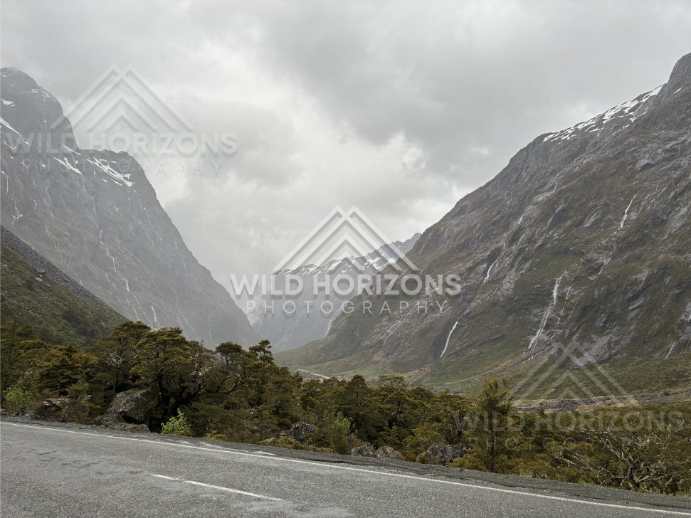 Mountain pass view from the Milford Road in wet weather, New Zealand