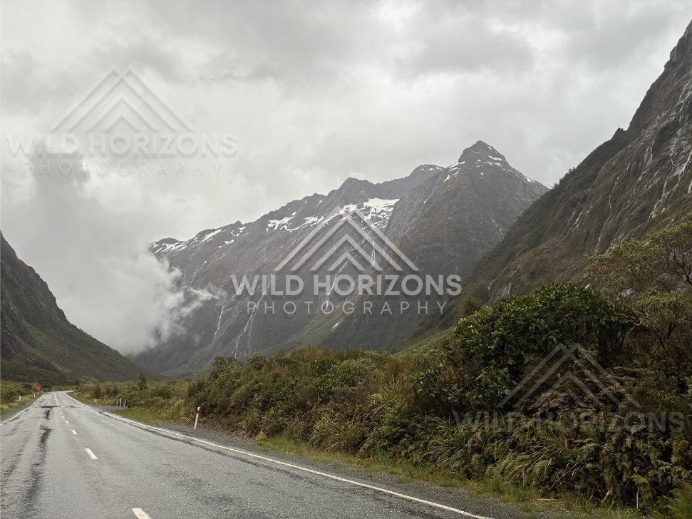 Empty wet highway through a Fiordland valley, Milford Road, New Zealand