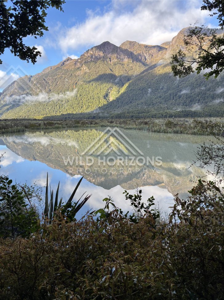 Mirror Lakes Reflection with Mountain Peak, Milford Road, New Zealand