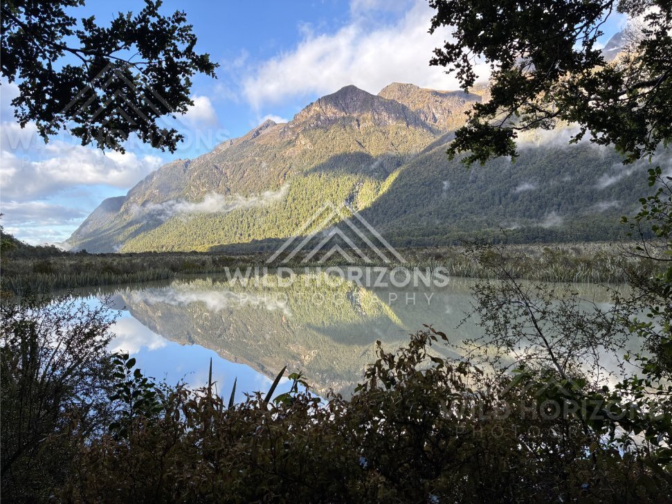 Mirror Lakes Panorama with Framed Reflections, Milford Road, New Zealand