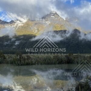 Mountain and Cloud Reflections Across Mirror Lakes, Milford Road, New Zealand