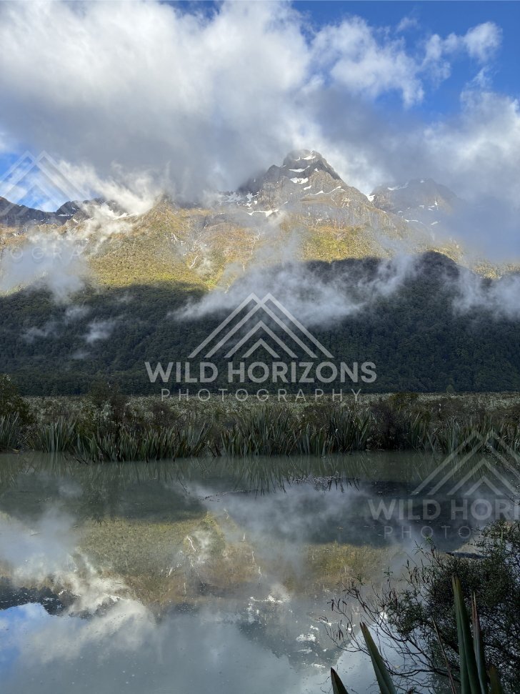 Mountain and Cloud Reflections Across Mirror Lakes, Milford Road, New Zealand