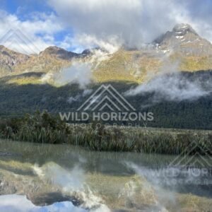 Cloud Banks Rolling Over Peaks Above Mirror Lakes, Milford Road, New Zealand
